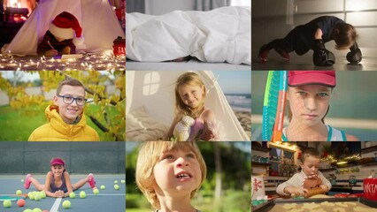 Positive collage of smiling mixed kids of multi ethnic group. Children with diverse gender and age looking at camera. Happy girls and boys portraits collage. Small toddlers, preschoolers, teenagers 4K