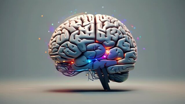 A 3D visualization of a brain, with different parts lighting up and connecting as the voiceover explains the different psychological factors at play Psychology art concept