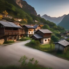 Fototapeta na wymiar A peaceful village nestled within a valley embraced by towering mountains1