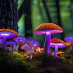 A mystical forest illuminated by colorful, luminescent mushrooms1