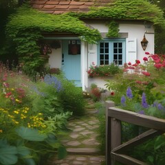 Fototapeta na wymiar A quaint cottage covered in ivy and surrounded by vibrant wildflowers3