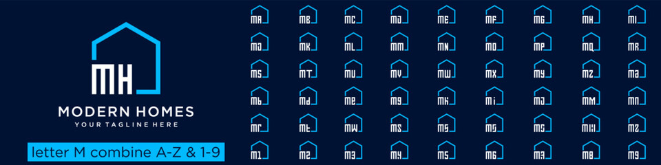 set of home logo design combined letter M with A to Z and numbers from 1 to 9. vector illustration