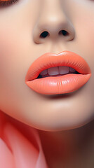 Peach Fuzz color lipstick on a woman's lips. Color of the year 2024.