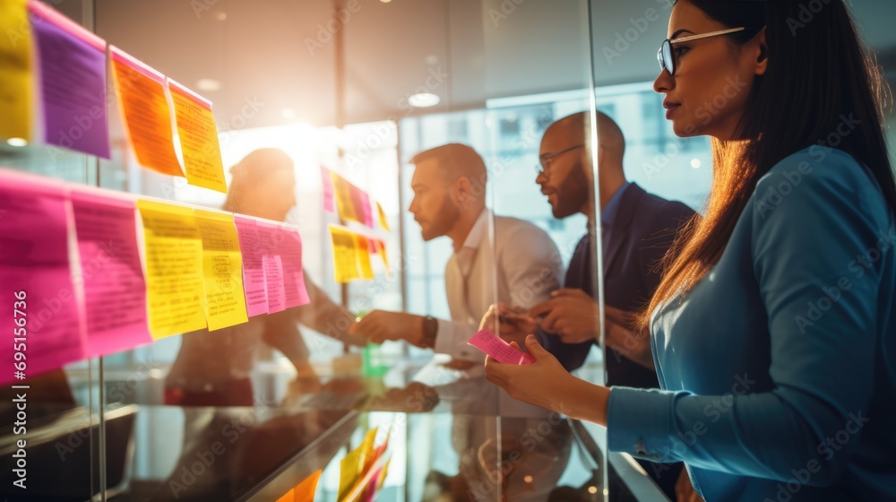 Wall mural professional young business team engaged in a brainstorming session, using colorful sticky notes on 