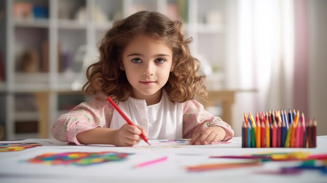 Happy child girl draws with colored pencils in white room studio