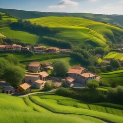 A tranquil village nestled within sun-drenched, rolling hills2 - obrazy, fototapety, plakaty