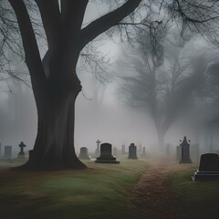 An eerie graveyard cloaked in dense fog at dawn3