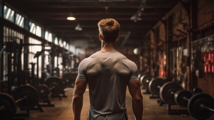Back view of young man in grey tshirt standing in training gym - obrazy, fototapety, plakaty