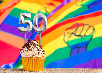 Birthday candle number 50 - Gay march flag background