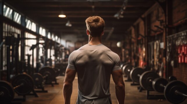 Back view of young man in grey tshirt standing in training gym