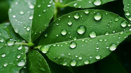 Crystal-clear water droplets dancing on vibrant green leaves