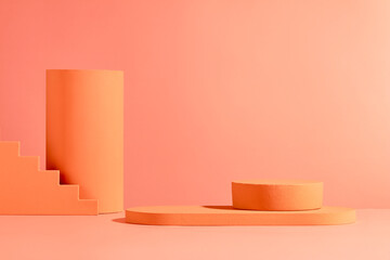 Orange display platforms pop against a vibrant red backdrop, creating an eye-catching cosmetics...