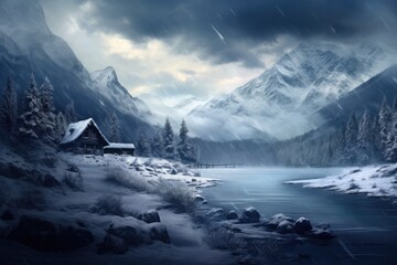 Beautiful view of lake with snow covered and wooden house in rocky mountains and pine forest on winter. Cottage or hotel for family vacation on winter holidays. Travel concept - Powered by Adobe