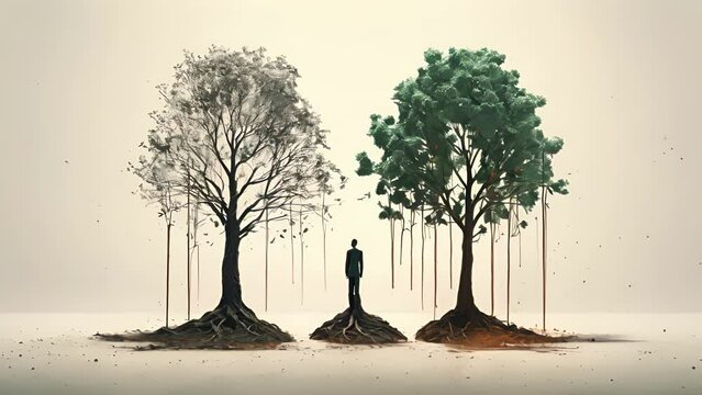 Two trees growing side by side, one gradually withering away while the other remains strong and vibrant, depicting the uneven toll that divorce and Psychology art concept