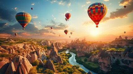 a group of hot air balloons flying over a canyon