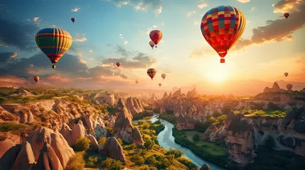  a group of hot air balloons flying over a canyon © paisorn