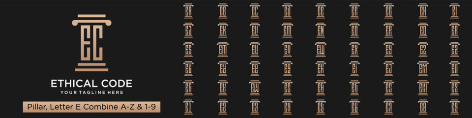 set of pillar logo design combined letter E with A to Z and numbers from 1 to 9. vector illustration