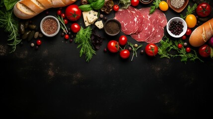 Ingredients for sandwich with  meat, baguette, basil, arugula, olives, tomatoes on black background with copy space