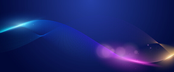 Technology background. Dark abstract background with glowing wavy. Dynamic wave pattern design. Modern purple blue gradient flowing wave lines. Futuristic technology concept. Vector illustration