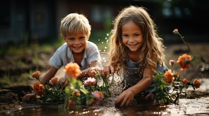 Kid friends play outdoor with flower at garden, splashing water 