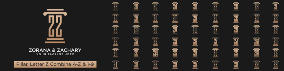 set of pillar logo design combined letter Z with A to Z and numbers from 1 to 9. vector illustration