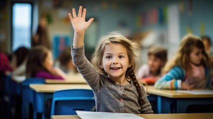 little girl in classroom raising up hand, generative AI