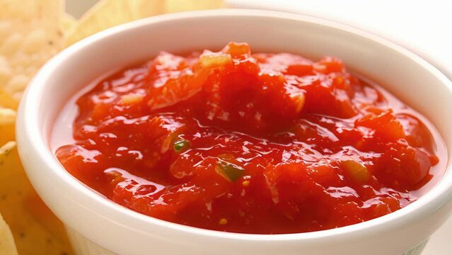 An overflowing bowl of chips salsa and hot sauce a popular snack to celebrate the holiday..