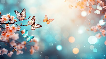 A few bright butterflies on a blurry background.