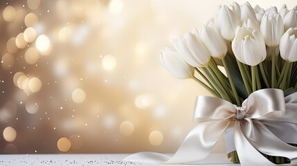 White tulips with a white ribbon on a sequined background.