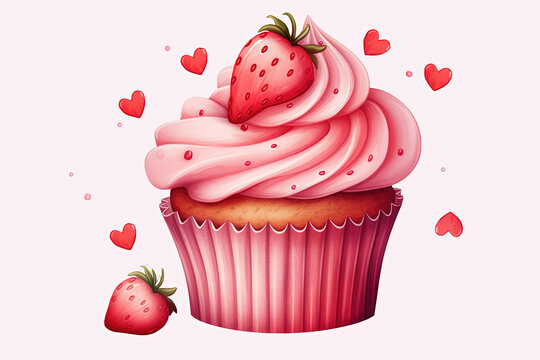 Birthday Cake Cute Cupcake in Watercolor Illustration Art, Pink Background. Stylish with a Transparent Background, Perfect for Valentine's Day, Birthday, Holiday, Food