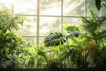 Green plants in botanical garden indoor. Sunshine in panoramic window. Fresh natural background. generative ai.