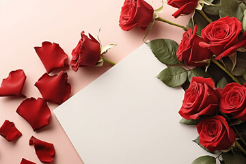 Empty Greeting Card on Table with Red Roses Bouquet, Ideal for Valentine's Day, Women's Day, Mother's Day. Copy Space for Text, Blank Mockup