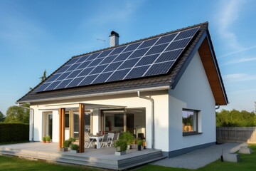 house with a photovoltaic system on the roof. Modern eco friendly passive house with solar panels on the gable roof