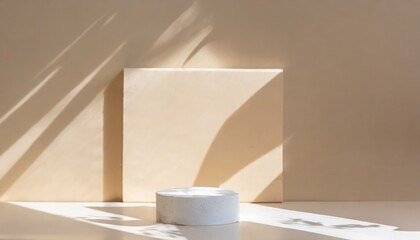 Product display podium with shadow nature leaves on wall background. Minimal style.