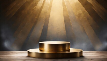 Product display podium with golden decoration and glitter light effect elements and star. luxury background. - obrazy, fototapety, plakaty