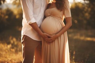 man and woman holding pregnant bump expecting baby. Happy family hands on stomach closeup. Couple in love. - obrazy, fototapety, plakaty