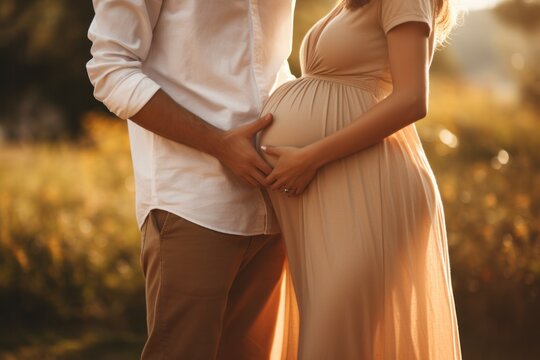 man and woman holding pregnant bump expecting baby. Happy family hands on stomach closeup. Couple in love.