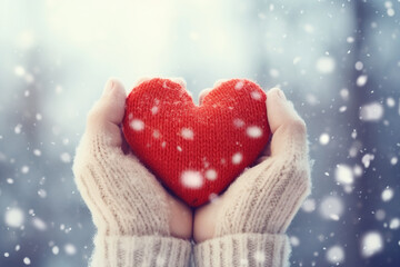 Female Hands in Knitted Mittens with a Red Heart on a Snowy Winter Day, Perfect for Valentine's Day, Women's Day, 14 February, 8 March, and New Year Winter Celebration. Banner Poster Design Idea