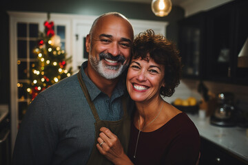 Middle aged multiracial couple at home in kitchen, Christmas time