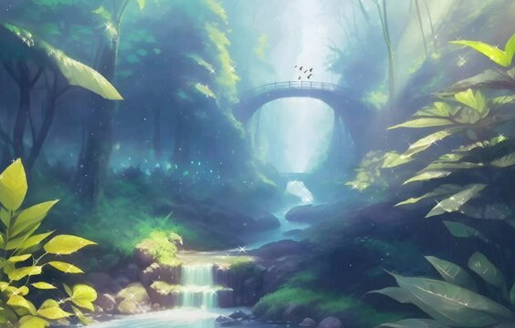 In a magical green forest. towering trees with shimmering leaves surround a winding river. Seamless Looping Time- Lapse Video Animation Background. Forest, Landscape and animation concept.
