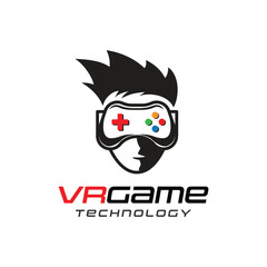 Vector gamer human head with virtual reality helmet logo on white background