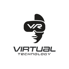 Virtual reality technology logo on white background, man head silhouette with helmet VR letters