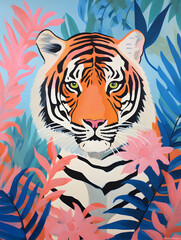print of a painting of a tiger and tropical plants,acrylic art,Generative AI
