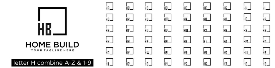 set of square logo design combined letter H with A to Z and numbers from 1 to 9. vector illustration