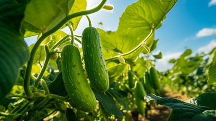 Organic cucumbers cultivation. Closeup of fresh green vegetables. generative ai
