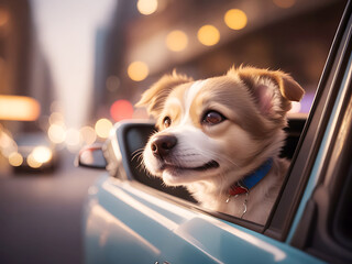 Happy Cute Pet dog with head out of the car window having fun pop art retro illustration