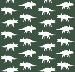 Vector seamless pattern of triceratops dinosaur silhouette isolated on green background