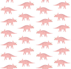 Vector seamless pattern of hand drawn flat pink triceratops dinosaur isolated on white background
