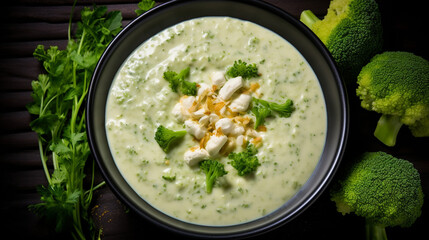 Creamy caulflower and broccoli with feta soup. generative ai - obrazy, fototapety, plakaty