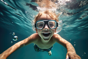 a child with goggles swimming underwater  - obrazy, fototapety, plakaty